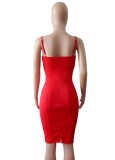 Women Summer Red Sexy Strap Sleeveless Solid Hollow Out Midi Pencil Club Dress