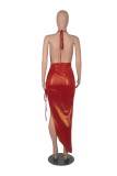 Women Summer Red Sexy Halter Sleeveless Solid Metallic Pleated Asymmetrical Club Dress