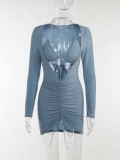 Women Spring Blue Sexy V-neck Full Sleeves Solid Pleated Mini Club Dress
