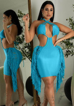 Women Summer Blue Sexy Halter Sleeveless Solid Tassel Mini Club Dress