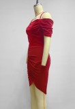 Women Summer Red Sexy Strap Solid Velvet Pleated Asymmetrical Club Dress