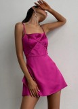 Women Summer Rose Sexy Strap Sleeveless Solid Satin Mini Club Dress