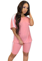 Conjunto de pantalones cortos de dos piezas para mujer, color rosa, informal, cuello redondo, manga corta, cintura alta