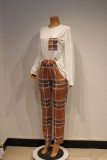 Women Spring Printed Casual O-Neck Full Sleeves Plaid Print Two Piece Pants Set