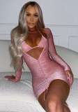 Women Spring Pink Romantic V-neck Full Sleeves Solid Pleated Mini Club Dress