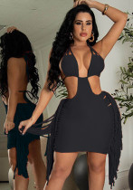 Women Summer Black Sexy Halter Sleeveless Solid Tassel Mini Club Dress
