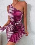 Women Summer Printed Sexy One Shoulder Sleeveless Geometric Print Belted Mini Club Dress