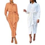 Women Spring Orange Modest Turn-down Collar Full Sleeves Solid Slit Midi Dress