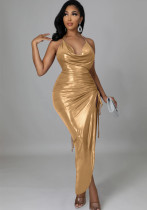 Frauen-Sommer-Gold-reizvolles Halter-ärmelloses festes metallisches gefaltetes asymmetrisches Club-Kleid