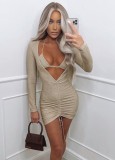 Women Spring Gold Sexy V-neck Full Sleeves Solid Pleated Mini Club Dress