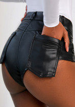Pantalones cortos de cuero ajustados sólidos de cintura alta negros de primavera para mujer