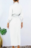 Women Spring White Modest Turn-down Collar Full Sleeves Solid Slit Midi Dress