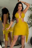Women Summer Yellow Sexy Halter Sleeveless Solid Fringed Mini Club Dress