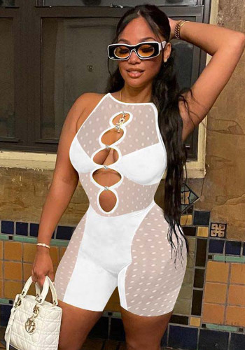 Women Summer White Sexy O-Neck Sleeveless Dot Print Hollow Out Skinny Rompers