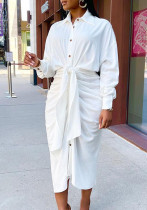 Women Spring White Modest Turn-down Collar Full Sleeves Solid Slit Midi Dress