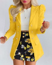 Women Spring Yellow Formal Turn-down Collar Full Sleeves Solid Button Two Piece  Blazer and Floral Shorts Suits