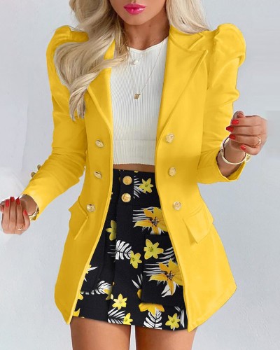 Kadın Bahar Sarı Resmi Turn-down Yaka Tam Kollu Düz Düğme İki Parça Blazer ve Çiçekli Şort Takım Elbise