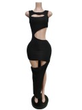Women Summer Black Sexy O-Neck Sleeveless Solid Hollow Out Midi Asymmetrical Club Dress