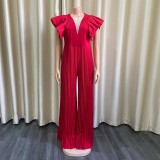 Women Summer Red Romantic V-neck Short Sleeves Solid Pleated A-line Evening Cocktail Jumpsuit