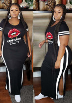 Frauen-Sommer-Schwarz-beiläufiger Oansatz mit kurzen Ärmeln, Lippendruck, Schlitz, plus Größe, langes Kleid