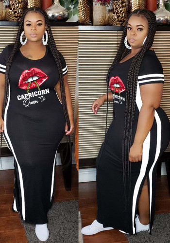 Women Summer Black Casual O-Neck Short Sleeves Lip Print Slit Plus Size Long Dress