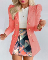 Women Spring Pink Formal Turn-down Collar Full Sleeves Solid Button Two Piece  Blazer and Plaid SHorts Suits