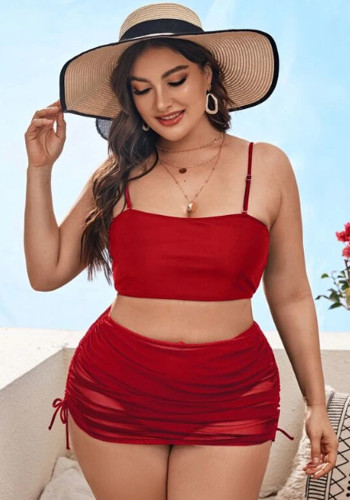 Frauen-rote Riemen-fester Vertuschung-Rock plus Größe dreiteilige Badebekleidung