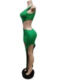 Women Summer Green Sexy O-Neck Sleeveless Solid Hollow Out Midi Asymmetrical Club Dress