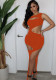 Women Summer Orange Sexy O-Neck Sleeveless Solid Hollow Out Midi Asymmetrical Club Dress