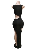 Women Summer Black Sexy O-Neck Sleeveless Solid Hollow Out Midi Asymmetrical Club Dress