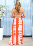 Women Summer Orange Cute Halter Sleeveless Striped Print Backless Loose Maxi Dress