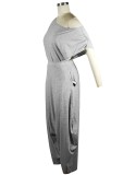 Women Summer Grey Casual Slash Neck Short Sleeves High Waist Solid Ruched Loose Two Piece Pants Set