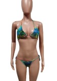 Women Light Green Bikini Halter Hollow Out Three Piece Cover-Up Swimsuit Set