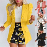 Women Spring White Formal Turn-down Collar Full Sleeves Floral Print Button Two Piece  Blazer and Green SHorts Suits