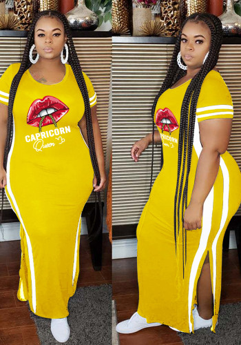 Women Summer Yellow Casual O-Neck Short Sleeves Lip Print Slit Plus Size Long Dress