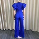 Women Summer Blue Sexy V-neck Short Sleeves Solid Pleated A-line Evening Cocktail Jumpsuit