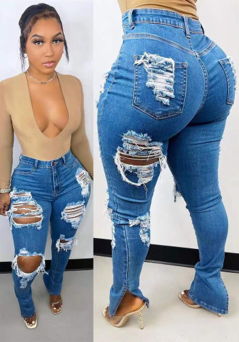 Dames lente blauwe lage taille effen gescheurde skinny jeans broek over de volledige lengte