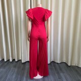 Women Summer Red Romantic V-neck Short Sleeves Solid Pleated A-line Evening Cocktail Jumpsuit
