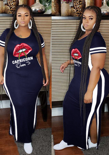 Women Summer Navy Blue Casual O-Neck Short Sleeves Lip Print Slit Plus Size Long Dress