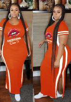 Frauen Sommer Orange Casual O-Neck Short Sleeves Lip Print Slit Plus Size Langes Kleid
