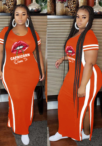 Women Summer Orange Casual O-Neck Short Sleeves Lip Print Slit Plus Size Long Dress