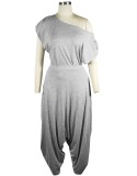 Women Summer Grey Casual Slash Neck Short Sleeves High Waist Solid Ruched Loose Two Piece Pants Set