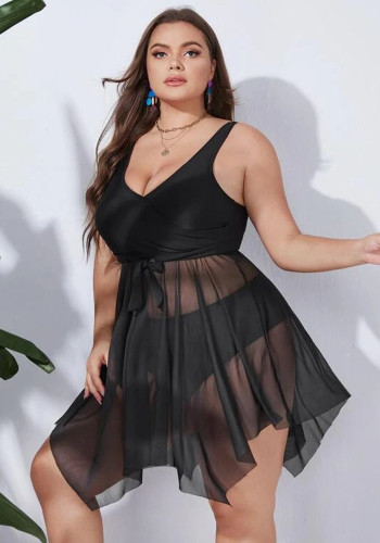 Women Black Strap Solid Cover Up Plus Size Two Piece Swimwear
