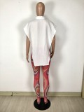 Women Summer White Sexy Turn-down Collar Sleeveless Solid Open Side Loose Shirt and Print Skinny Pants Set