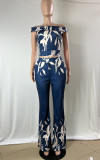 Women Summer Blue Elegant Off-the-shoulder Short Sleeves High Waist Floral Print Two Piece Wide Legged Pants Set