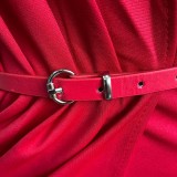 Women Spring Red Mesh Patch Long Sleeves Slit Evening Dress