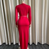 Women Spring Red Mesh Patch Long Sleeves Slit Evening Dress