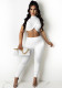 Women Summer White Sexy Stand Collar Short Sleeves Crop Top Solid Two Piece Pants Set