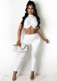 Women Summer White Sexy Stand Collar Short Sleeves Crop Top Solid Two Piece Pants Set