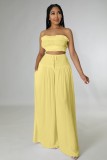 Women Summer Yellow Casual Crop Top And Loose Pant Two Piece Set